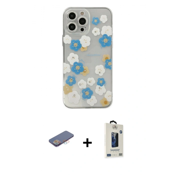 MARSİLYAN™- iPhone 13 Pro Max Kılıf Eksen Asil Prime - Siyah Bilvis Hayalet Cam Ekran Koruyucu + Renkli Kamera Lens Koruma Cam - PE