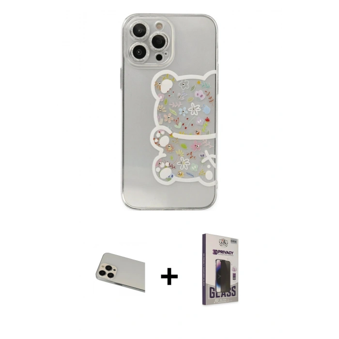 MARSİLYAN™- iPhone 13 Pro Max Kılıf Eksen Asil Prime - Siyah Bilvis Hayalet Cam Ekran Koruyucu + Rainbow Kamera Lens Koruma Cam - REGD