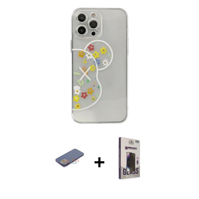 MARSİLYAN™- iPhone 13 Pro Max Kılıf Eksen Asil Prime - Siyah Bilvis Hayalet Cam Ekran Koruyucu + Renkli Kamera Lens Koruma Cam - PE