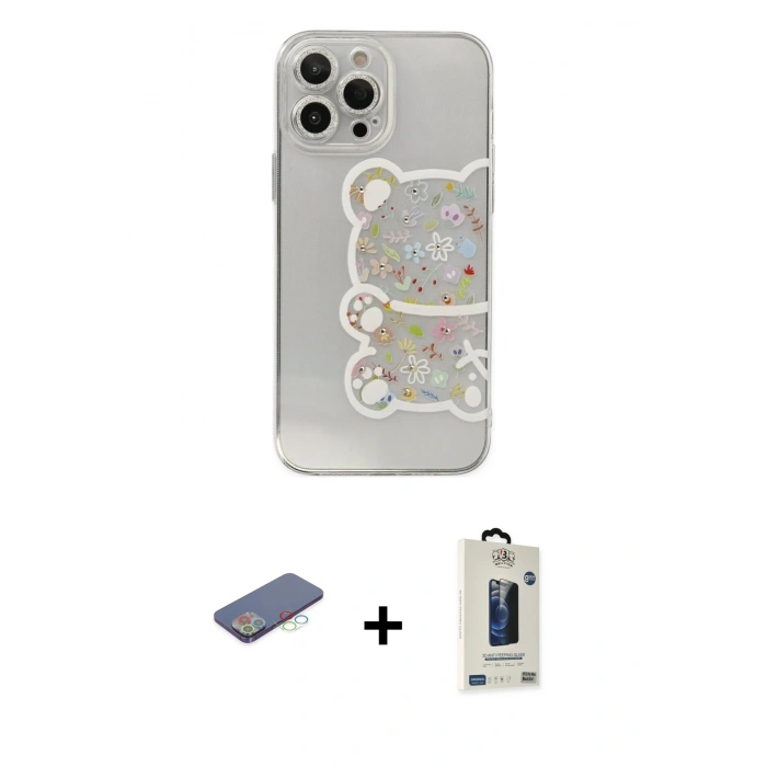MARSİLYAN™- iPhone 13 Pro Max Kılıf Eksen Asil Prime - Siyah Bilvis Hayalet Cam Ekran Koruyucu + Renkli Kamera Lens Koruma Cam - MI