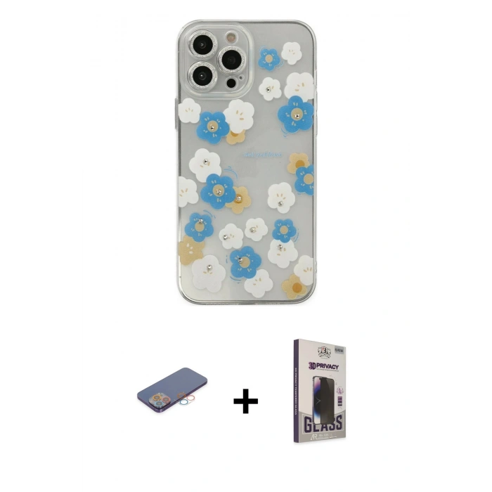 MARSİLYAN™- iPhone 13 Pro Max Kılıf Eksen Asil Prime - Siyah Bilvis Hayalet Cam Ekran Koruyucu + Renkli Kamera Lens Koruma Cam - PE