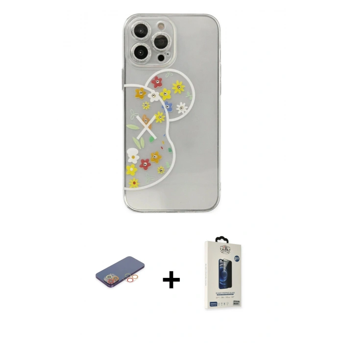 MARSİLYAN™- iPhone 13 Pro Max Kılıf Eksen Asil Prime - Siyah Bilvis Hayalet Cam Ekran Koruyucu + Renkli Kamera Lens Koruma Cam - TU
