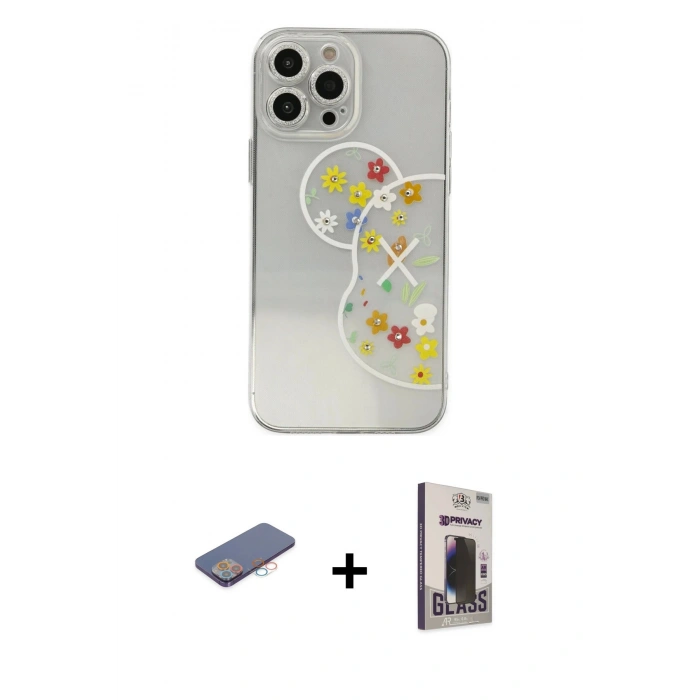 MARSİLYAN™- iPhone 13 Pro Max Kılıf Eksen Asil Prime - Siyah Bilvis Hayalet Cam Ekran Koruyucu + Renkli Kamera Lens Koruma Cam - PE