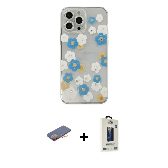MARSİLYAN™- iPhone 13 Pro Max Kılıf Eksen Asil Prime - Siyah Bilvis Hayalet Cam Ekran Koruyucu + Renkli Kamera Lens Koruma Cam - TU