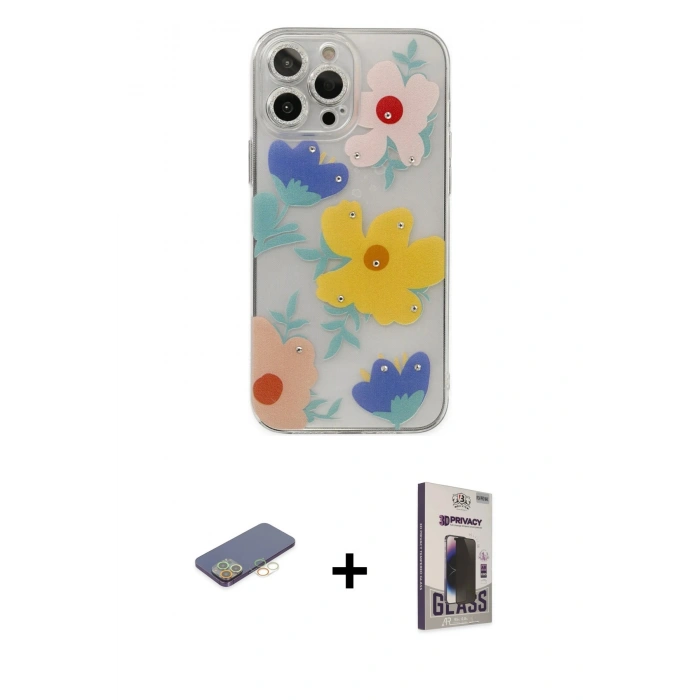 MARSİLYAN™- iPhone 13 Pro Max Kılıf Eksen Asil Prime - Siyah Bilvis Hayalet Cam Ekran Koruyucu + Sarı Renkli Kamera Lens Koruma Cam