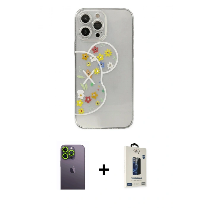 MARSİLYAN™- iPhone 13 Pro Max Kılıf Eksen Asil Prime - Siyah Bilvis Hayalet Cam Ekran Koruyucu + Neon Fosforlu Kamera Lens - YL