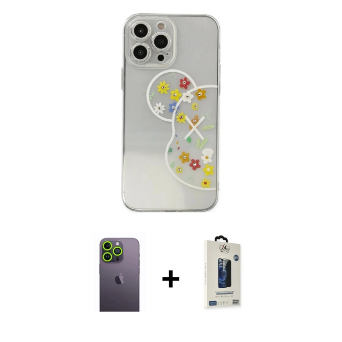 MARSİLYAN™- iPhone 13 Pro Max Kılıf Eksen Asil Prime - Siyah Bilvis Hayalet Cam Ekran Koruyucu + Neon Fosforlu Kamera Lens - YL