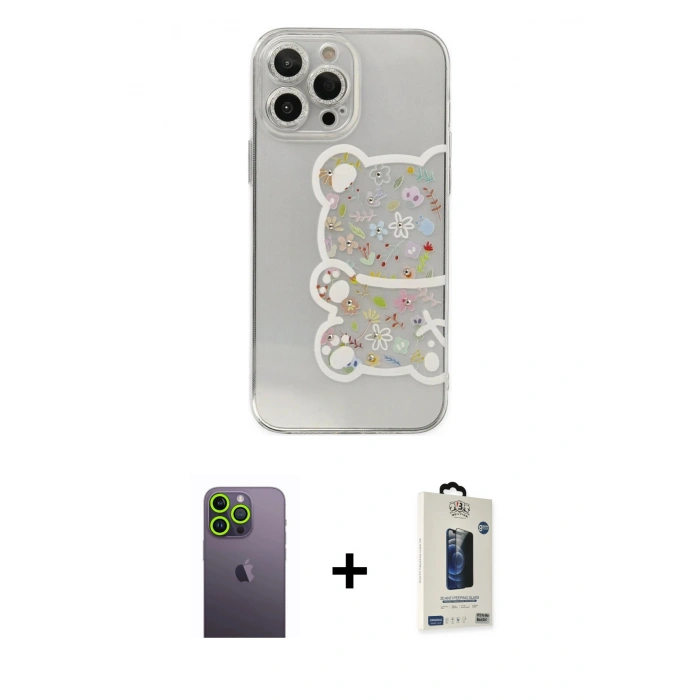 MARSİLYAN™- iPhone 13 Pro Max Kılıf Eksen Asil Prime - Siyah Bilvis Hayalet Cam Ekran Koruyucu + Neon Fosforlu Kamera Lens - YL