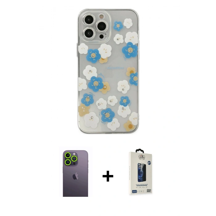 MARSİLYAN™- iPhone 13 Pro Max Kılıf Eksen Asil Prime - Siyah Bilvis Hayalet Cam Ekran Koruyucu + Neon Fosforlu Kamera Lens - YL