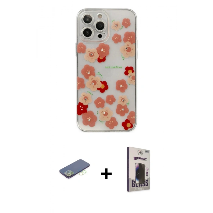 MARSİLYAN™- iPhone 13 Pro Max Kılıf Eksen Asil Prime - Siyah Bilvis Hayalet Cam Ekran Koruyucu + Renkli Kamera Lens Koruma Cam - YL