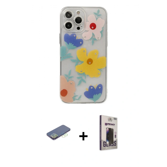 MARSİLYAN™- iPhone 13 Pro Max Kılıf Eksen Asil Prime - Siyah Bilvis Hayalet Cam Ekran Koruyucu + Renkli Kamera Lens Koruma Cam - YL
