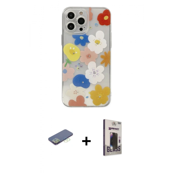 MARSİLYAN™- iPhone 13 Pro Max Kılıf Eksen Asil Prime - Siyah Bilvis Hayalet Cam Ekran Koruyucu + Renkli Kamera Lens Koruma Cam - YL