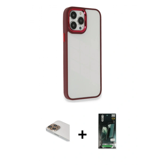 MARSİLYAN™- iPhone 13 Pro Max Kılıf Eksen Doku Prime - Şeffaf 360 Full Body Arka Koruyucu + Gold Pers Alüminyum Kamera Lens