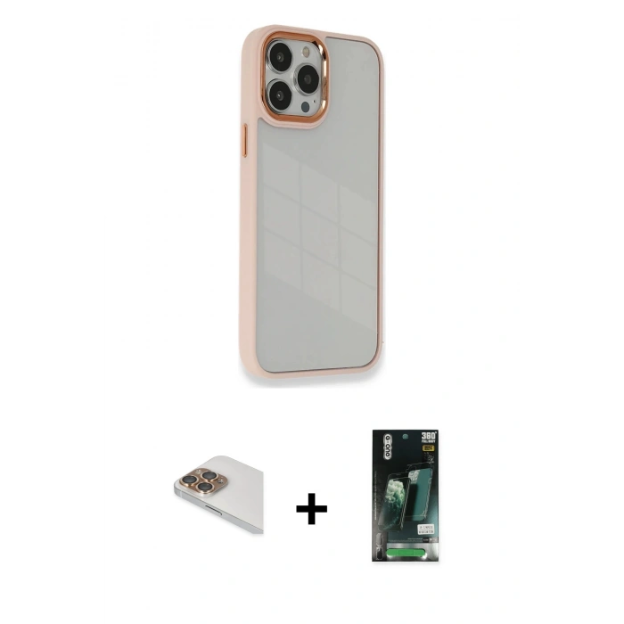 MARSİLYAN™- iPhone 13 Pro Max Kılıf Eksen Doku Prime - Şeffaf 360 Full Body Arka Koruyucu + Gold Pers Alüminyum Kamera Lens