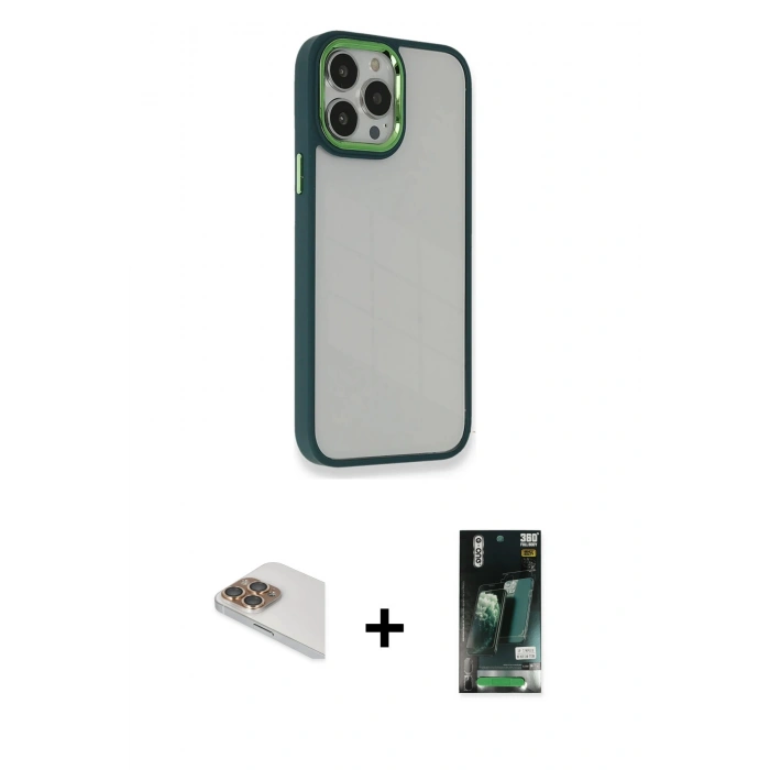 MARSİLYAN™- iPhone 13 Pro Max Kılıf Eksen Doku Prime - Şeffaf 360 Full Body Arka Koruyucu + Gold Pers Alüminyum Kamera Lens