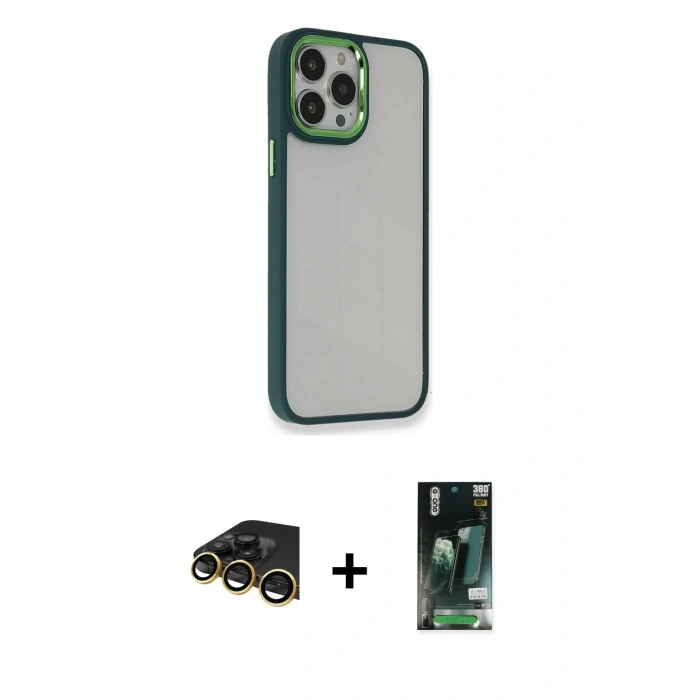 MARSİLYAN™- iPhone 13 Pro Max Kılıf Eksen Doku Prime - Şeffaf 360 Full Body Arka Koruyucu + Raze Metal Kamera Lens - GD