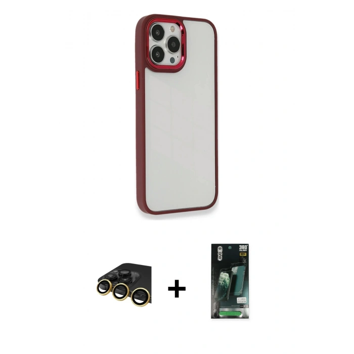 MARSİLYAN™- iPhone 13 Pro Max Kılıf Eksen Doku Prime - Şeffaf 360 Full Body Arka Koruyucu + Raze Metal Kamera Lens - GD