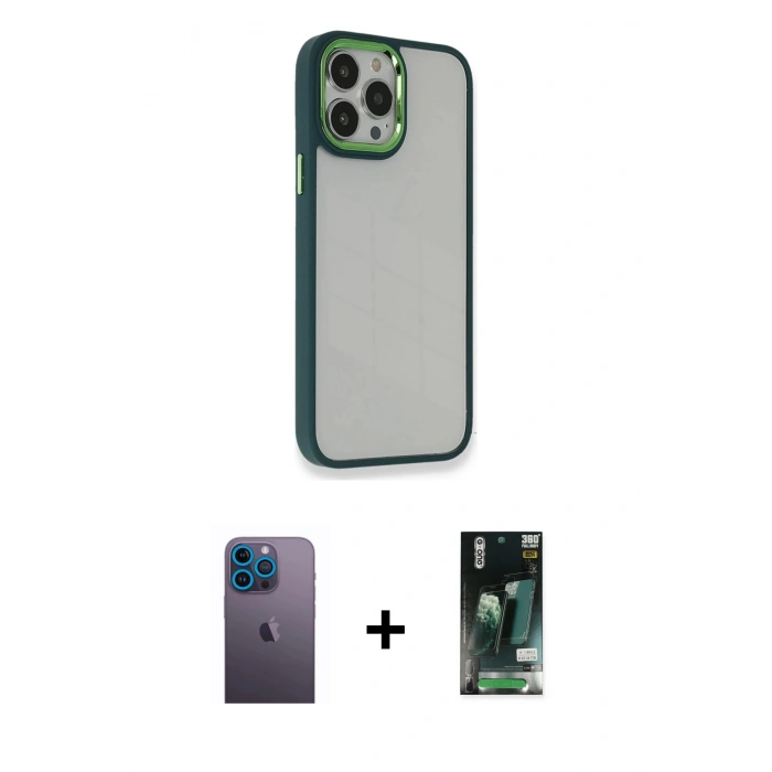 MARSİLYAN™- iPhone 13 Pro Max Kılıf Eksen Doku Prime - Şeffaf 360 Full Body Arka Koruyucu + Neon Fosforlu Kamera Lens - MI