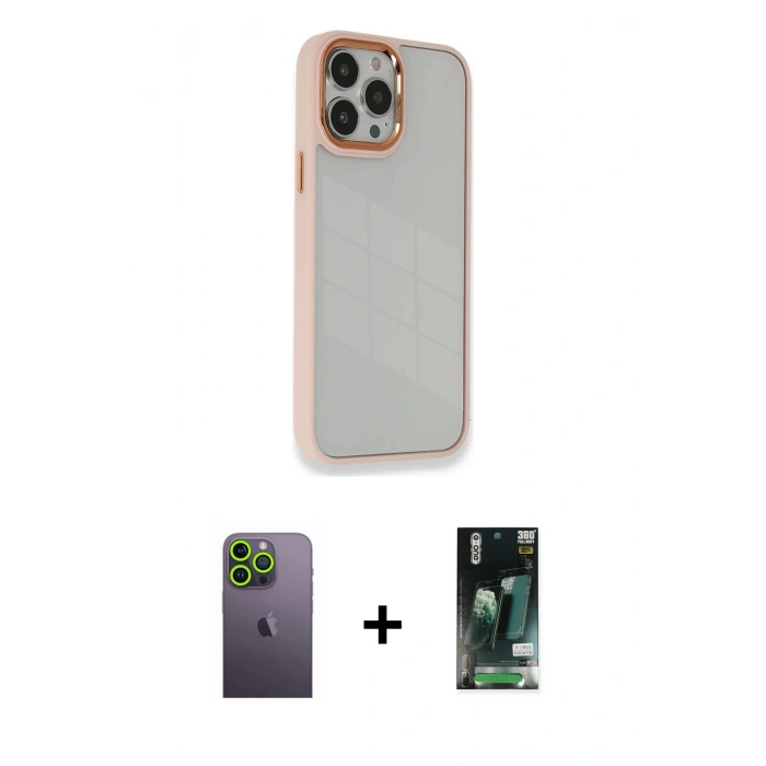 MARSİLYAN™- iPhone 13 Pro Max Kılıf Eksen Doku Prime - Şeffaf 360 Full Body Arka Koruyucu + Neon Fosforlu Kamera Lens - YL