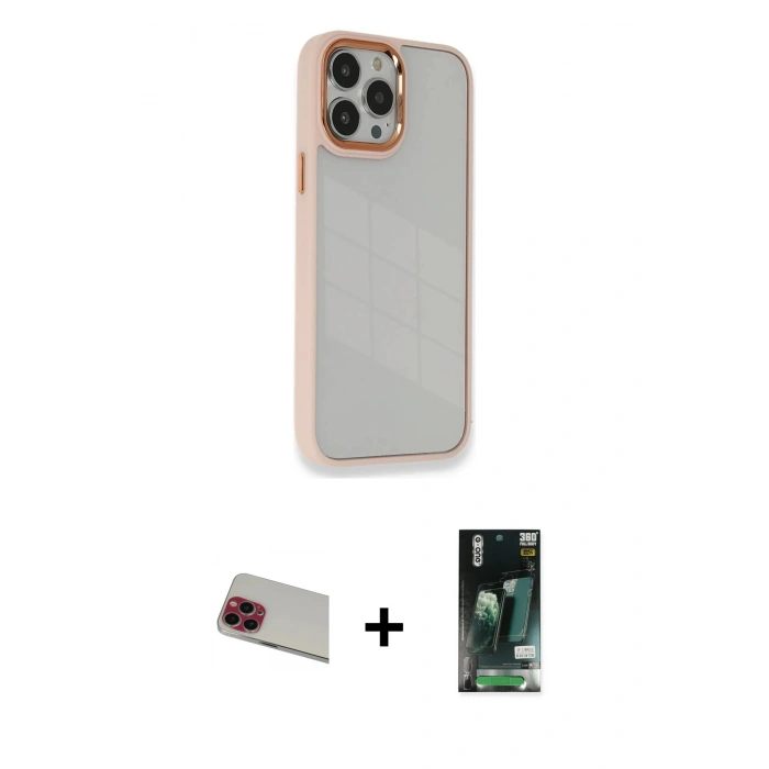 MARSİLYAN™- iPhone 13 Pro Max Kılıf Eksen Doku Prime - Şeffaf 360 Full Body Arka Koruyucu + Rainbow Kamera Lens Koruma Cam - KI