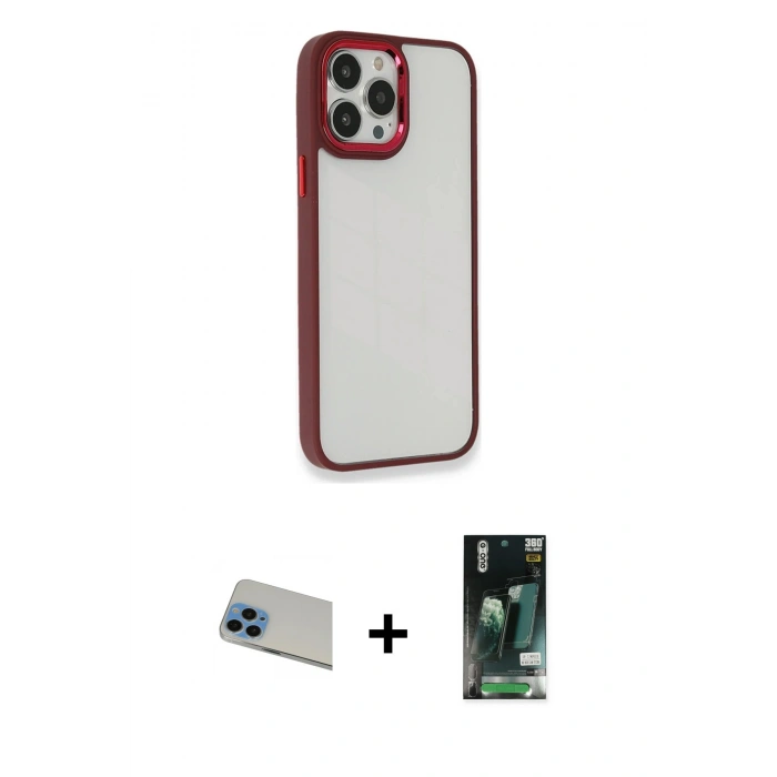 MARSİLYAN™- iPhone 13 Pro Max Kılıf Eksen Doku Prime - Şeffaf 360 Full Body Arka Koruyucu + Rainbow Kamera Lens Koruma Cam - MI