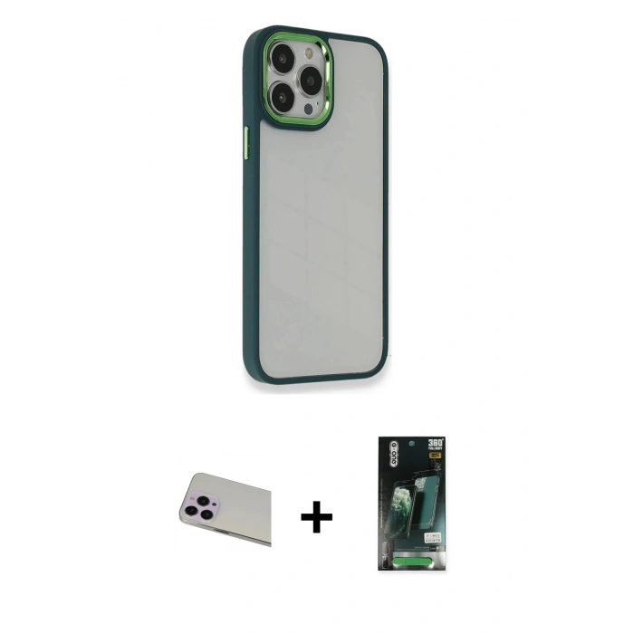 MARSİLYAN™- iPhone 13 Pro Max Kılıf Eksen Doku Prime - Şeffaf 360 Full Body Arka Koruyucu + Rainbow Kamera Lens Koruma Cam - MR