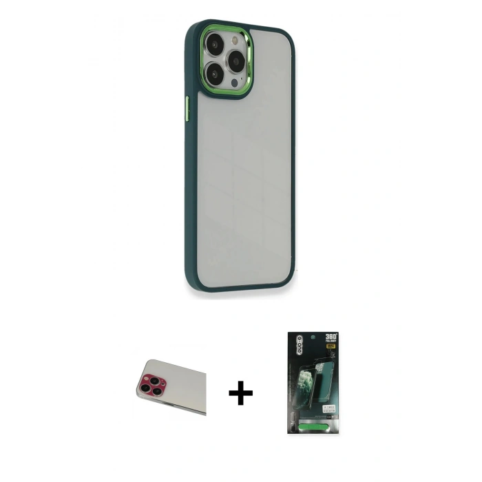 MARSİLYAN™- iPhone 13 Pro Max Kılıf Eksen Doku Prime - Şeffaf 360 Full Body Arka Koruyucu + Rainbow Kamera Lens Koruma Cam - KI
