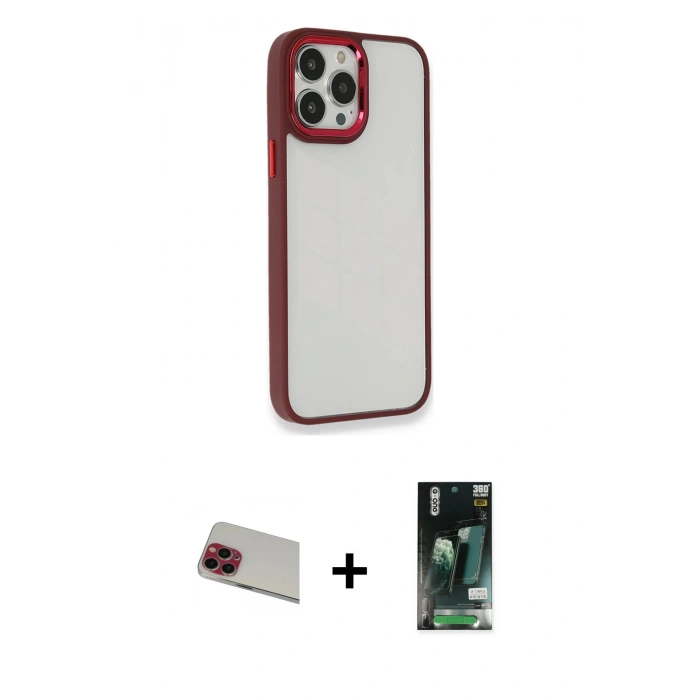 MARSİLYAN™- iPhone 13 Pro Max Kılıf Eksen Doku Prime - Şeffaf 360 Full Body Arka Koruyucu + Rainbow Kamera Lens Koruma Cam - KI