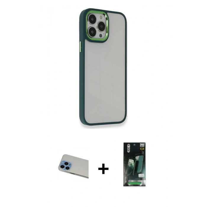 MARSİLYAN™- iPhone 13 Pro Max Kılıf Eksen Doku Prime - Şeffaf 360 Full Body Arka Koruyucu + Rainbow Kamera Lens Koruma Cam - MI