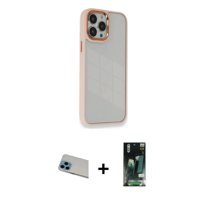 MARSİLYAN™- iPhone 13 Pro Max Kılıf Eksen Doku Prime - Şeffaf 360 Full Body Arka Koruyucu + Rainbow Kamera Lens Koruma Cam - MI