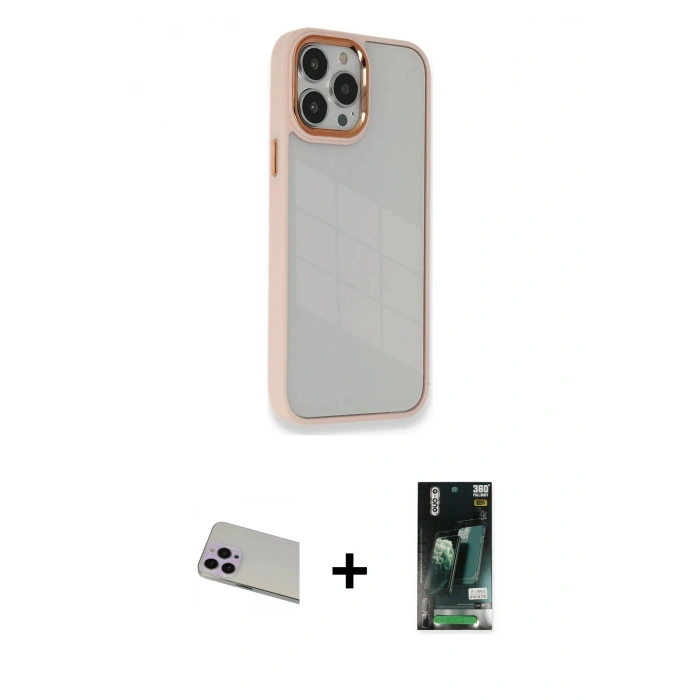 MARSİLYAN™- iPhone 13 Pro Max Kılıf Eksen Doku Prime - Şeffaf 360 Full Body Arka Koruyucu + Rainbow Kamera Lens Koruma Cam - MR