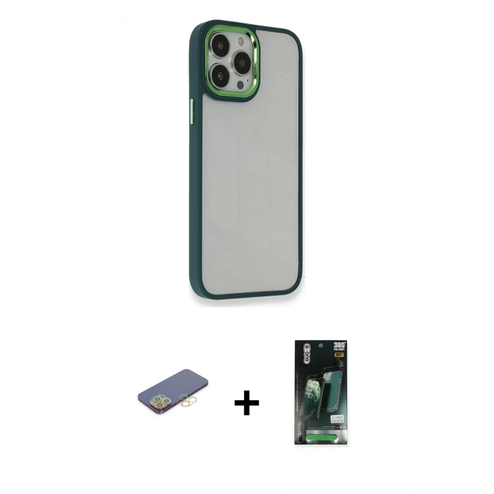 MARSİLYAN™- iPhone 13 Pro Max Kılıf Eksen Doku Prime - Şeffaf 360 Full Body Arka Koruyucu + Renkli Kamera Lens Koruma Cam - SI
