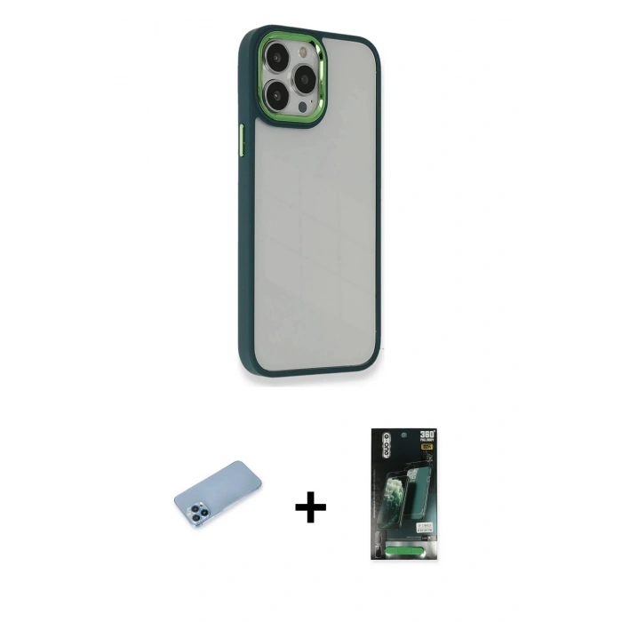 MARSİLYAN™- iPhone 13 Pro Max Kılıf Eksen Doku Prime - Şeffaf 360 Full Body Arka Koruyucu + Shine Kamera Lens Koruma Cam - MI