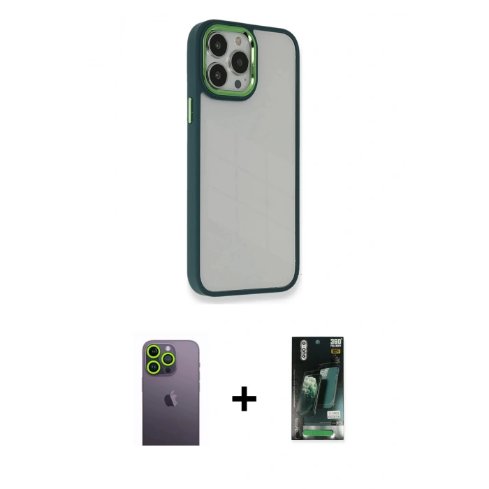 MARSİLYAN™- iPhone 13 Pro Max Kılıf Eksen Doku Prime - Şeffaf 360 Full Body Arka Koruyucu + Neon Fosforlu Kamera Lens - YL