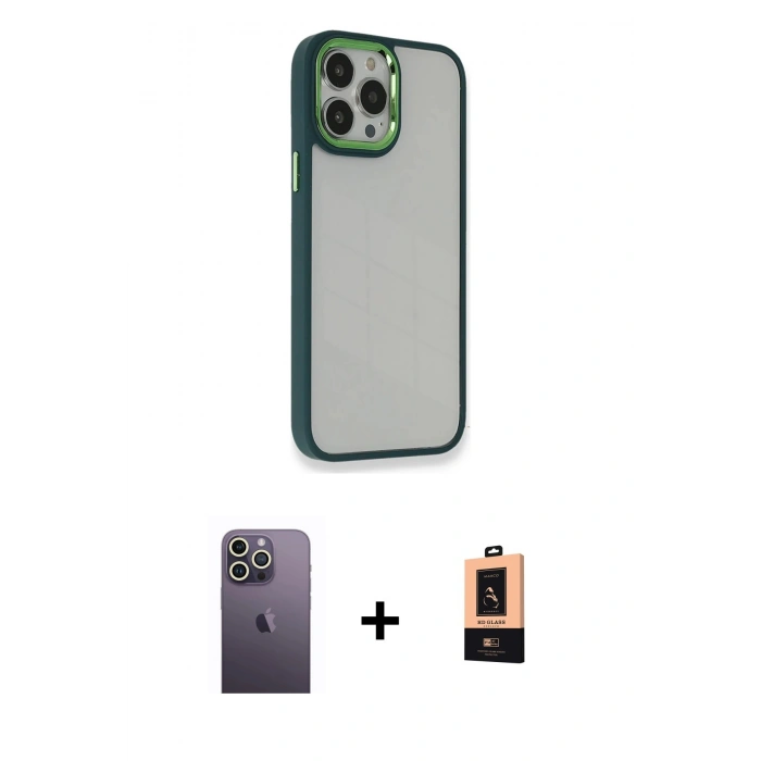MARSİLYAN™- iPhone 13 Pro Max Kılıf Eksen Doku Prime - Şeffaf Maxco Cam Ekran Koruyucu + Neon Fosforlu Kamera Lens - BZ