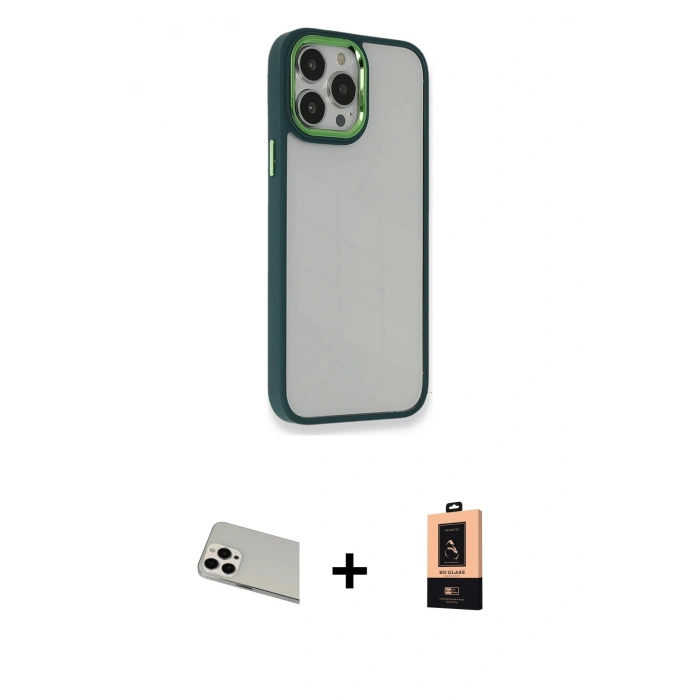 MARSİLYAN™- iPhone 13 Pro Max Kılıf Eksen Doku Prime - Şeffaf Maxco Cam Ekran Koruyucu + Rainbow Kamera Lens Koruma Cam - BZ
