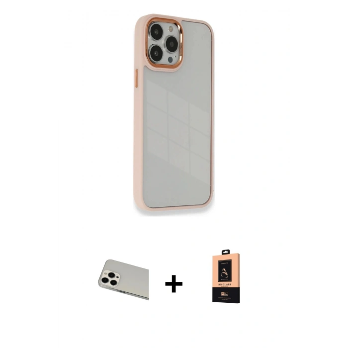 MARSİLYAN™- iPhone 13 Pro Max Kılıf Eksen Doku Prime - Şeffaf Maxco Cam Ekran Koruyucu + Rainbow Kamera Lens Koruma Cam - BZ