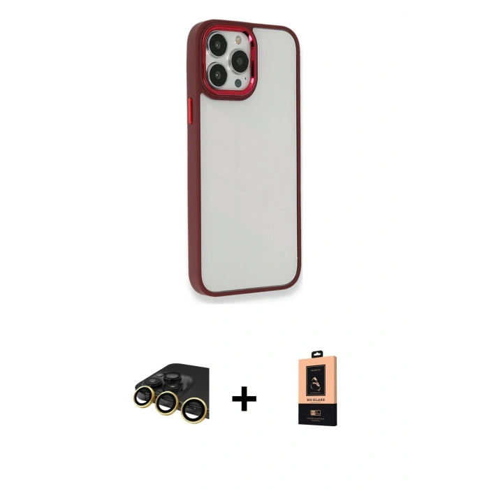 MARSİLYAN™- iPhone 13 Pro Max Kılıf Eksen Doku Prime - Şeffaf Maxco Cam Ekran Koruyucu + Gold Raze Metal Kamera Lens