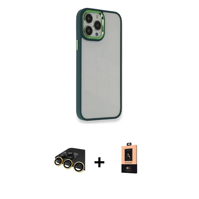 MARSİLYAN™- iPhone 13 Pro Max Kılıf Eksen Doku Prime - Şeffaf Maxco Cam Ekran Koruyucu + Gold Raze Metal Kamera Lens