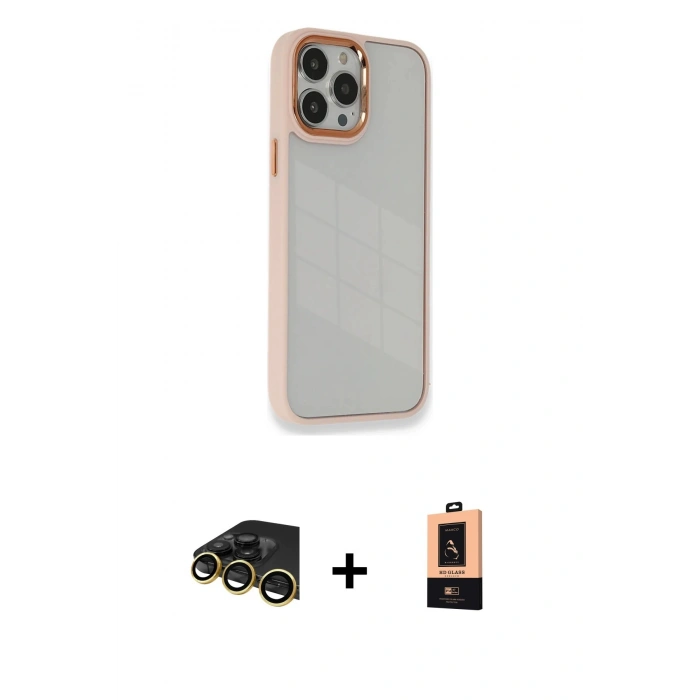 MARSİLYAN™- iPhone 13 Pro Max Kılıf Eksen Doku Prime - Şeffaf Maxco Cam Ekran Koruyucu + Gold Raze Metal Kamera Lens