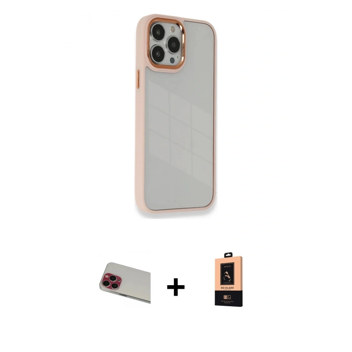 MARSİLYAN™- iPhone 13 Pro Max Kılıf Eksen Doku Prime - Şeffaf Maxco Cam Ekran Koruyucu + Rainbow Kamera Lens Koruma Cam - KI