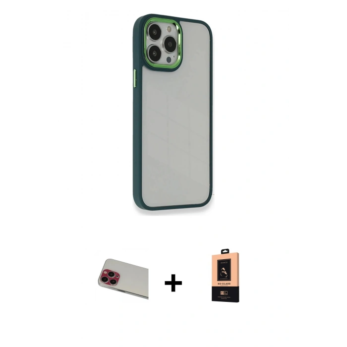 MARSİLYAN™- iPhone 13 Pro Max Kılıf Eksen Doku Prime - Şeffaf Maxco Cam Ekran Koruyucu + Rainbow Kamera Lens Koruma Cam - KI