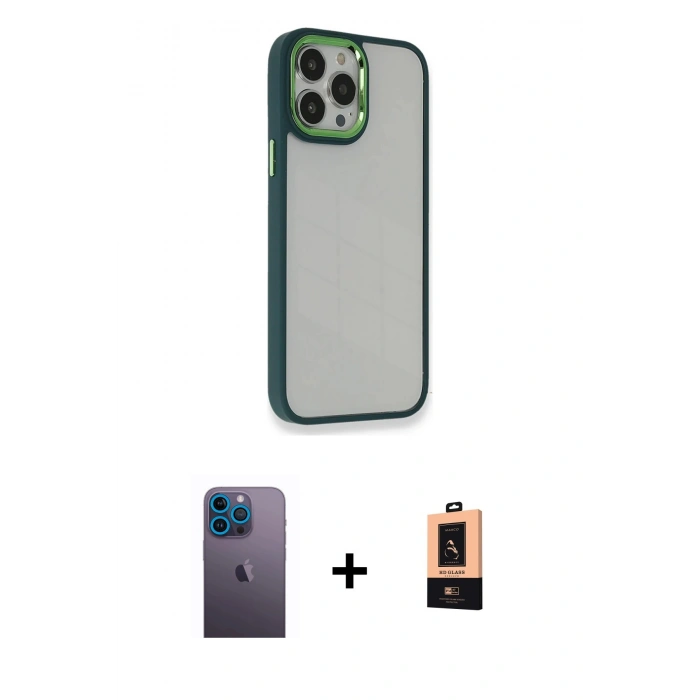 MARSİLYAN™- iPhone 13 Pro Max Kılıf Eksen Doku Prime - Şeffaf Maxco Cam Ekran Koruyucu + Mavi Neon Fosforlu Kamera Lens