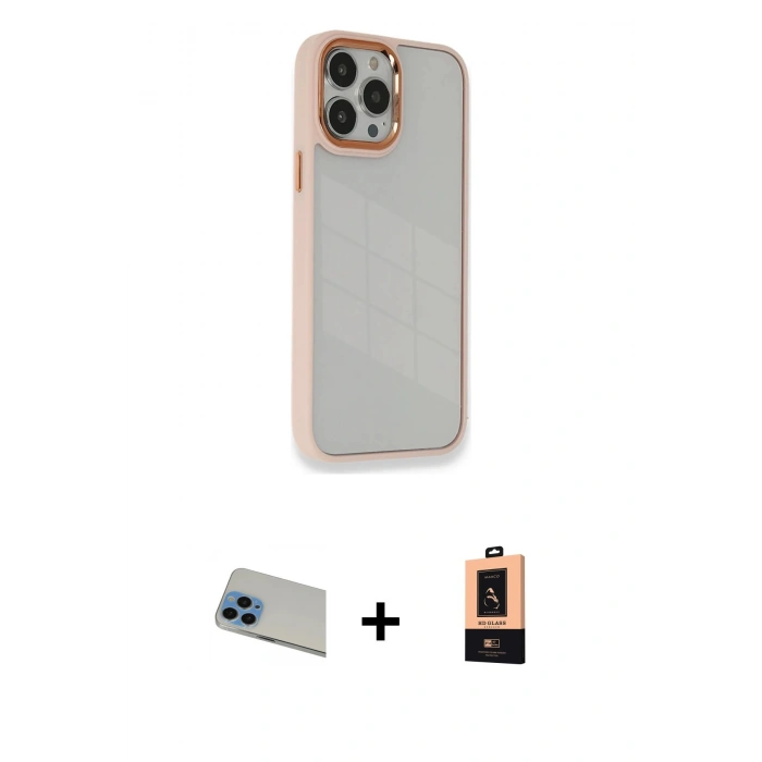 MARSİLYAN™- iPhone 13 Pro Max Kılıf Eksen Doku Prime - Şeffaf Maxco Cam Ekran Koruyucu + Rainbow Kamera Lens Koruma Cam - MI