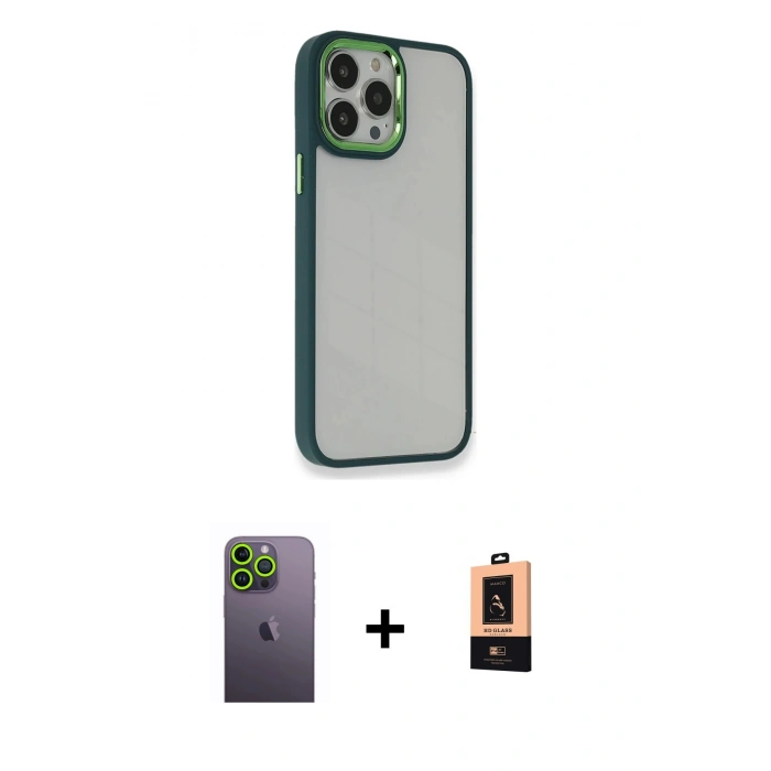 MARSİLYAN™- iPhone 13 Pro Max Kılıf Eksen Doku Prime - Şeffaf Maxco Cam Ekran Koruyucu + Neon Fosforlu Kamera Lens - YL