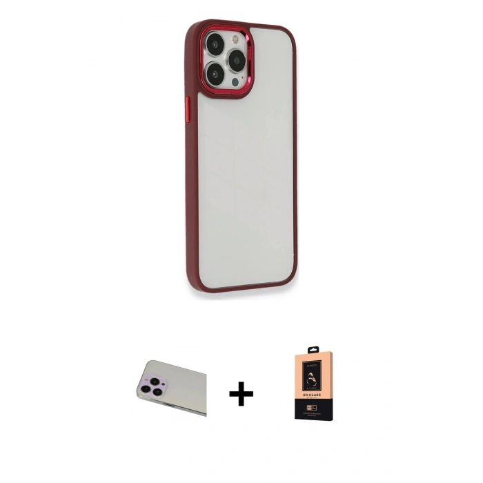 MARSİLYAN™- iPhone 13 Pro Max Kılıf Eksen Doku Prime - Şeffaf Maxco Cam Ekran Koruyucu + Rainbow Kamera Lens Koruma Cam - MR