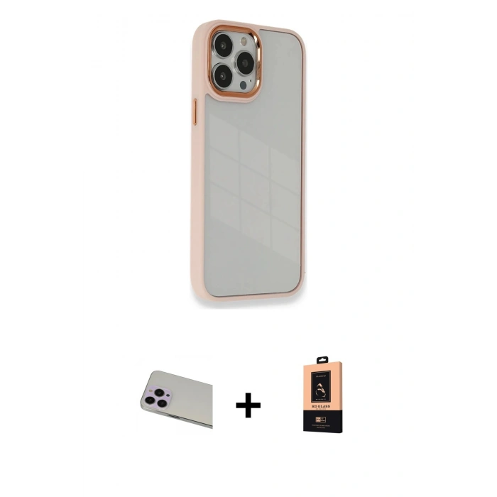 MARSİLYAN™- iPhone 13 Pro Max Kılıf Eksen Doku Prime - Şeffaf Maxco Cam Ekran Koruyucu + Rainbow Kamera Lens Koruma Cam - MR