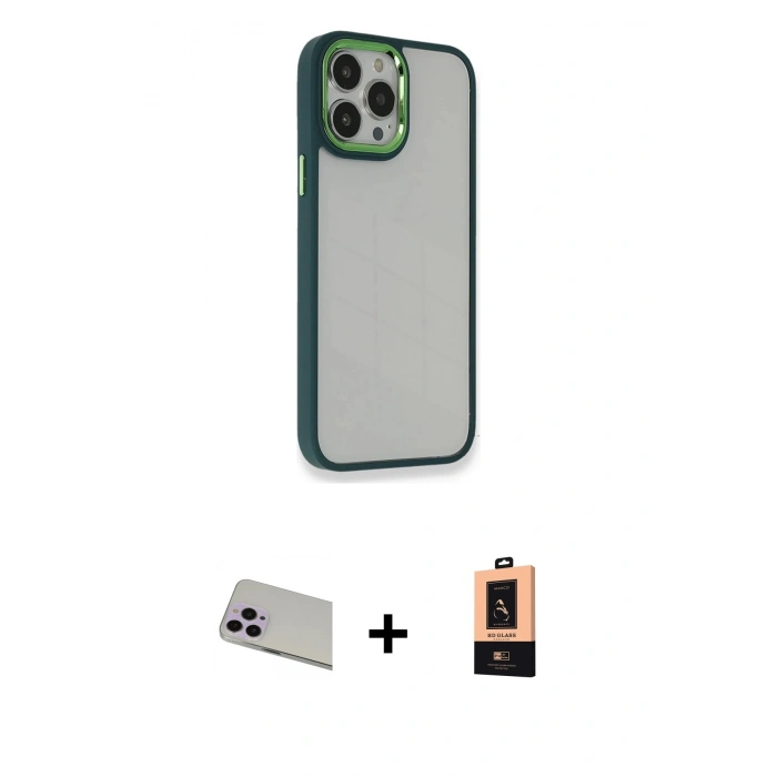 MARSİLYAN™- iPhone 13 Pro Max Kılıf Eksen Doku Prime - Şeffaf Maxco Cam Ekran Koruyucu + Rainbow Kamera Lens Koruma Cam - MR