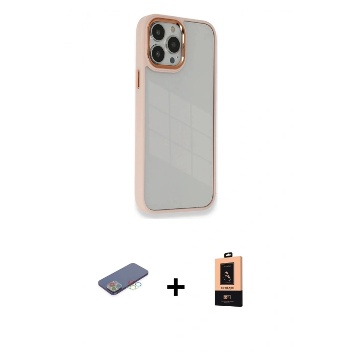 MARSİLYAN™- iPhone 13 Pro Max Kılıf Eksen Doku Prime - Şeffaf Maxco Cam Ekran Koruyucu + Renkli Kamera Lens Koruma Cam - MI