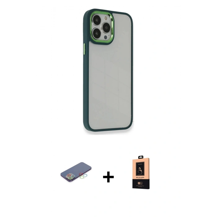 MARSİLYAN™- iPhone 13 Pro Max Kılıf Eksen Doku Prime - Şeffaf Maxco Cam Ekran Koruyucu + Renkli Kamera Lens Koruma Cam - MI